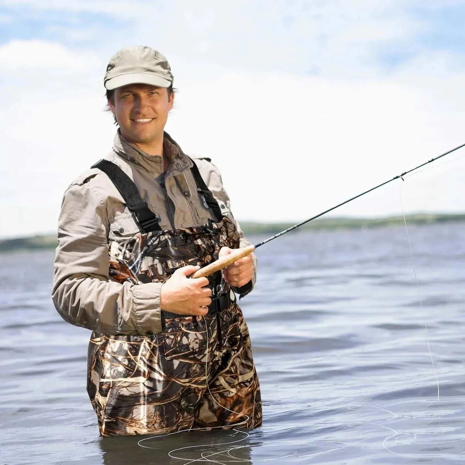 Unisex waterproof chest waders with boots made of nylon and PVC for durable, breathable protection in wet environments