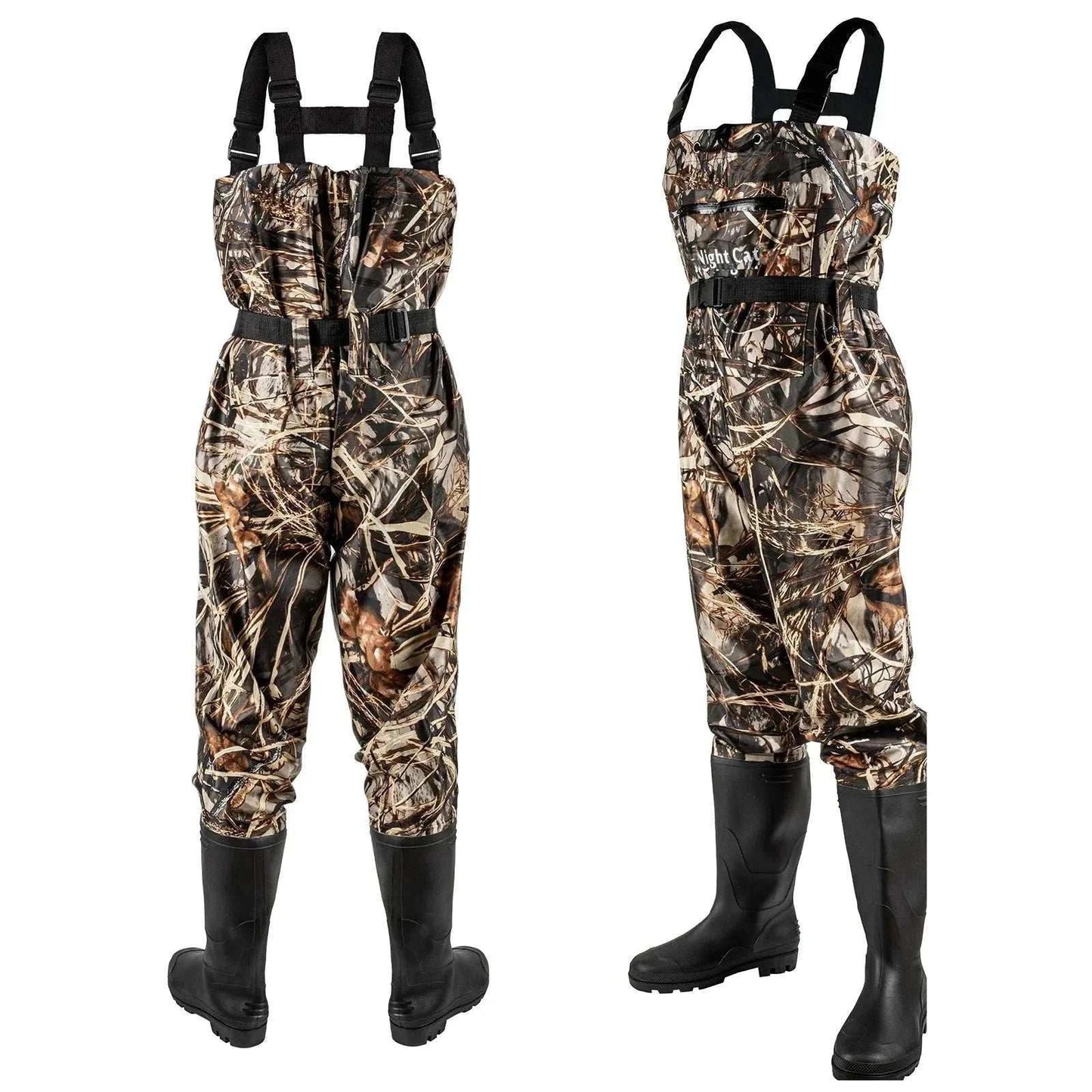 Unisex waterproof chest waders with integrated boots, nylon PVC fabric, and skidproof outsole