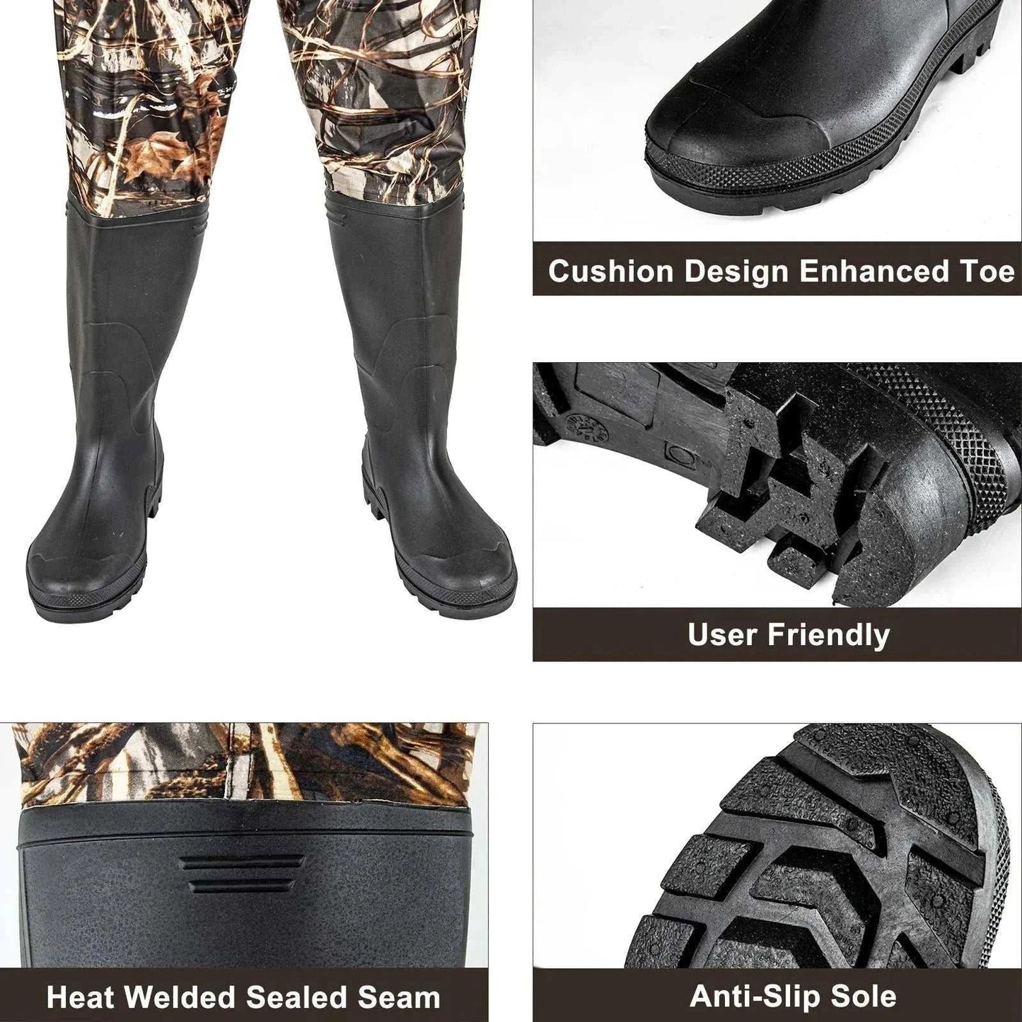 Unisex waterproof chest waders with integrated boots, durable nylon PVC fabric, and skidproof outsole for wet environments