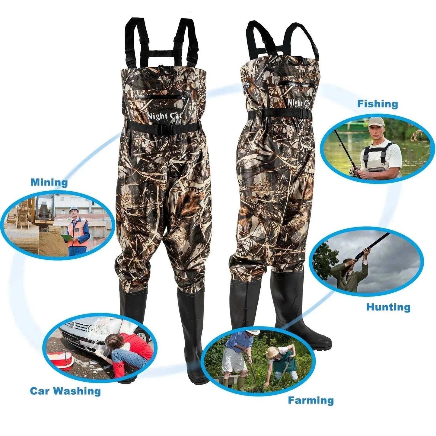 Unisex waterproof chest waders with integrated boots made of nylon and PVC, featuring adjustable fit and skidproof outsole