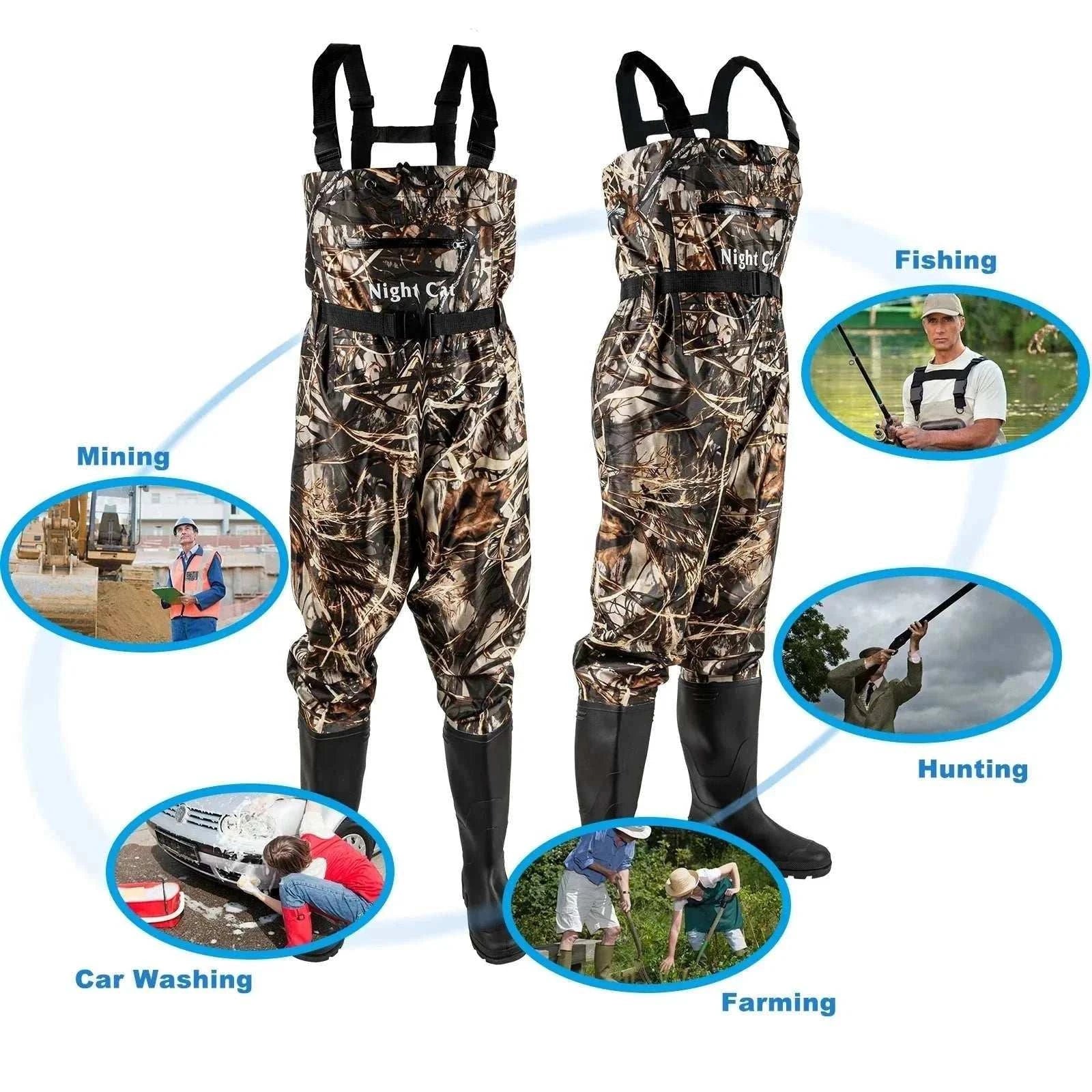 Unisex waterproof chest waders with integrated boots made of nylon and PVC, featuring adjustable fit and skidproof outsole
