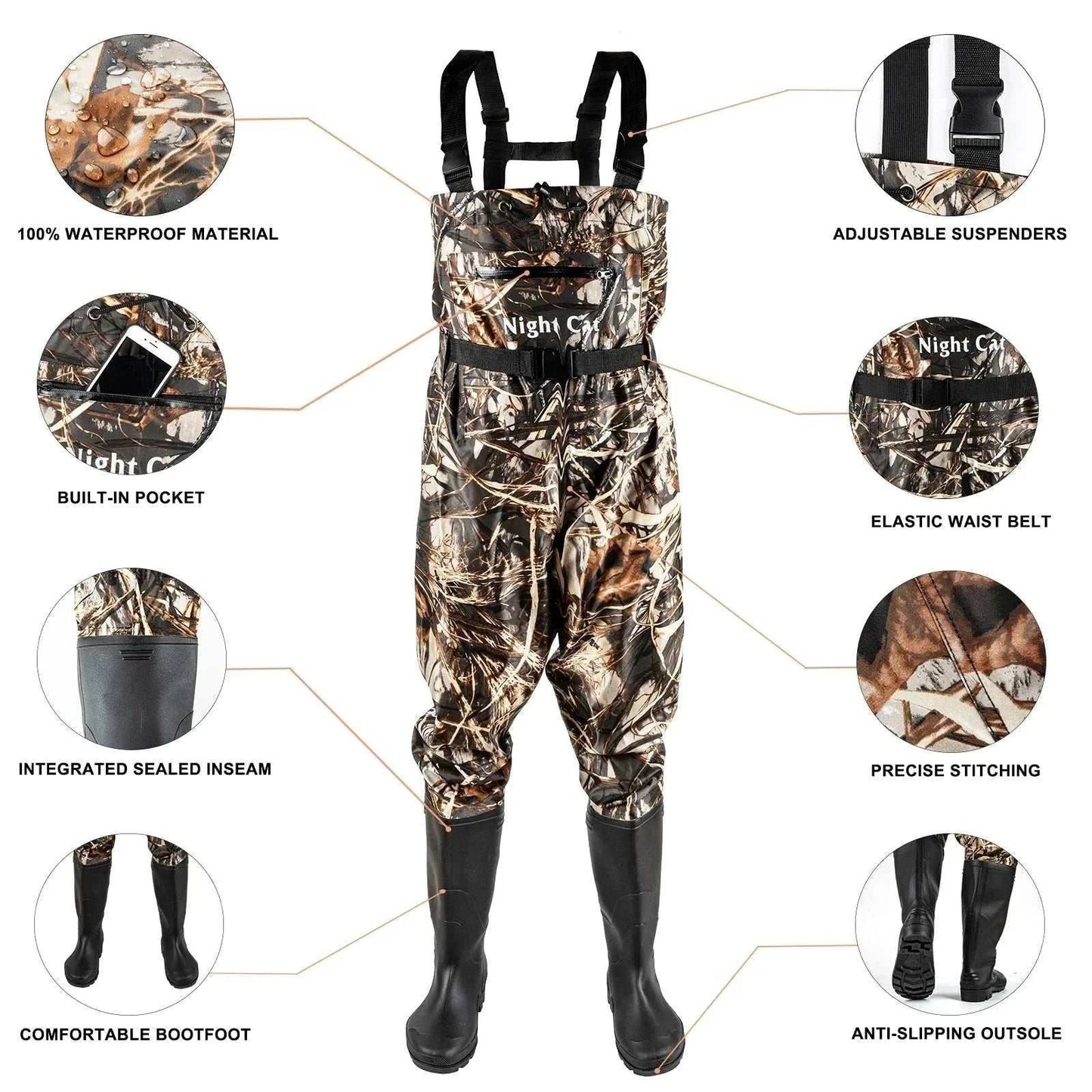 Unisex waterproof chest waders with integrated boots made of nylon and PVC, featuring adjustable fit and skidproof outsole