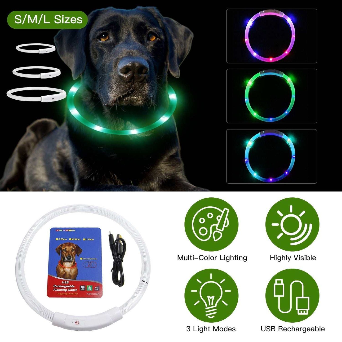 USB rechargeable LED dog collar with 3 light modes and adjustable sizes for safe night walks
