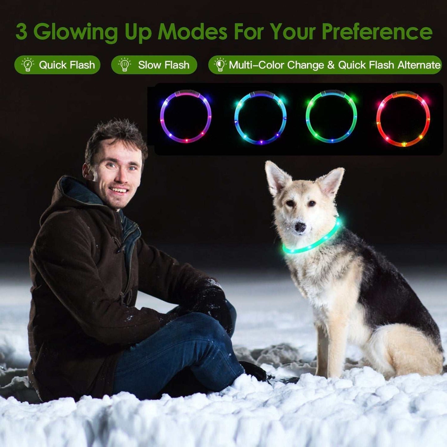 USB rechargeable LED dog collar with 3 light modes and adjustable sizes for safe night walks