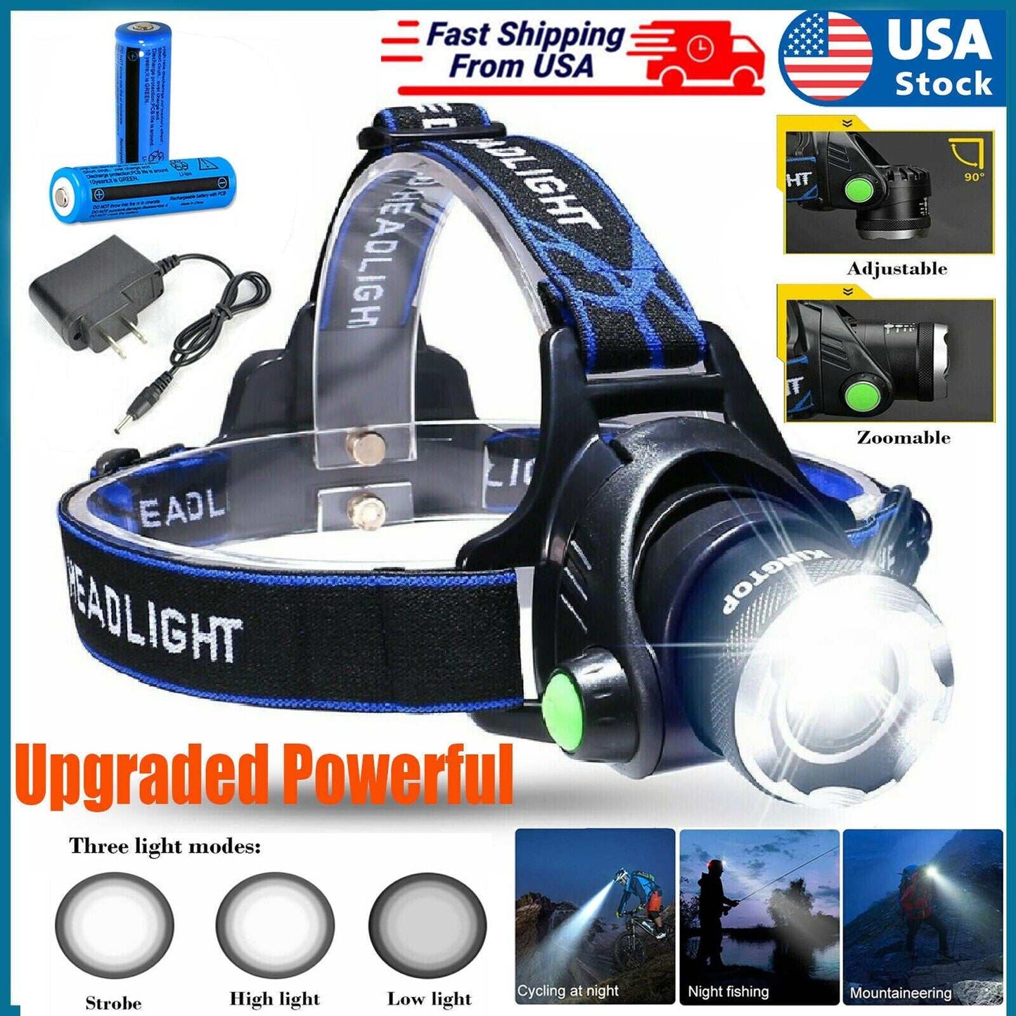 USB rechargeable LED headlamp with 350 lumens, 3 modes, zoomable, waterproof, and wave sensor for outdoor activities