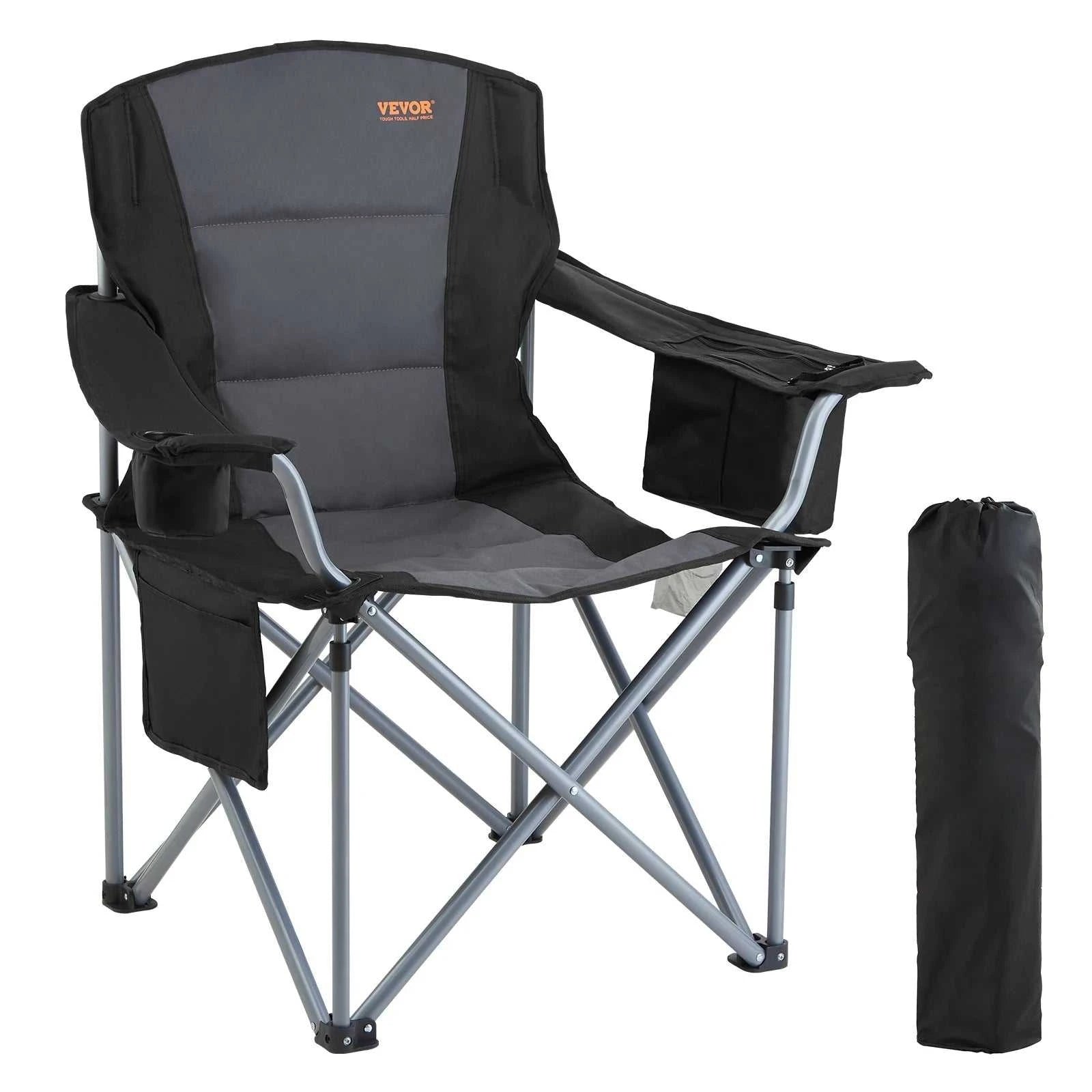Camping folding chair with lumbar support, padded arms, cup holder, and durable fabric designed for outdoor use