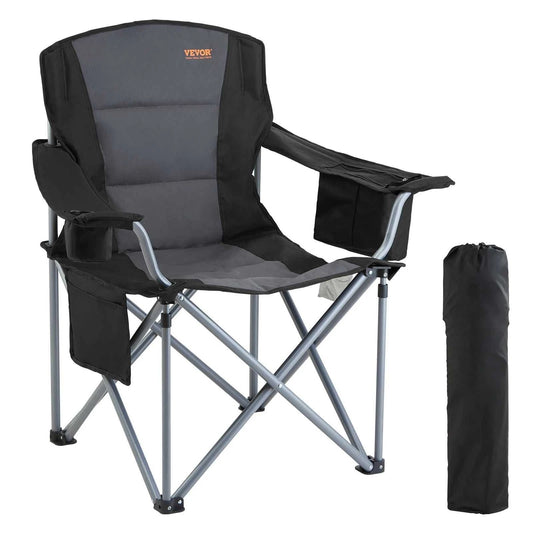 Camping folding chair with lumbar support, padded arms, cup holder, and durable fabric designed for outdoor use
