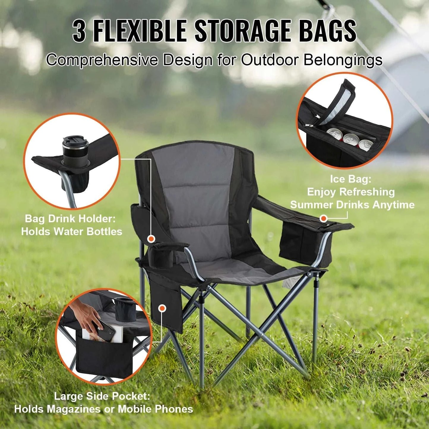 Camping folding chair with lumbar support, padded arms, durable 600D Oxford fabric, and built-in storage pockets.