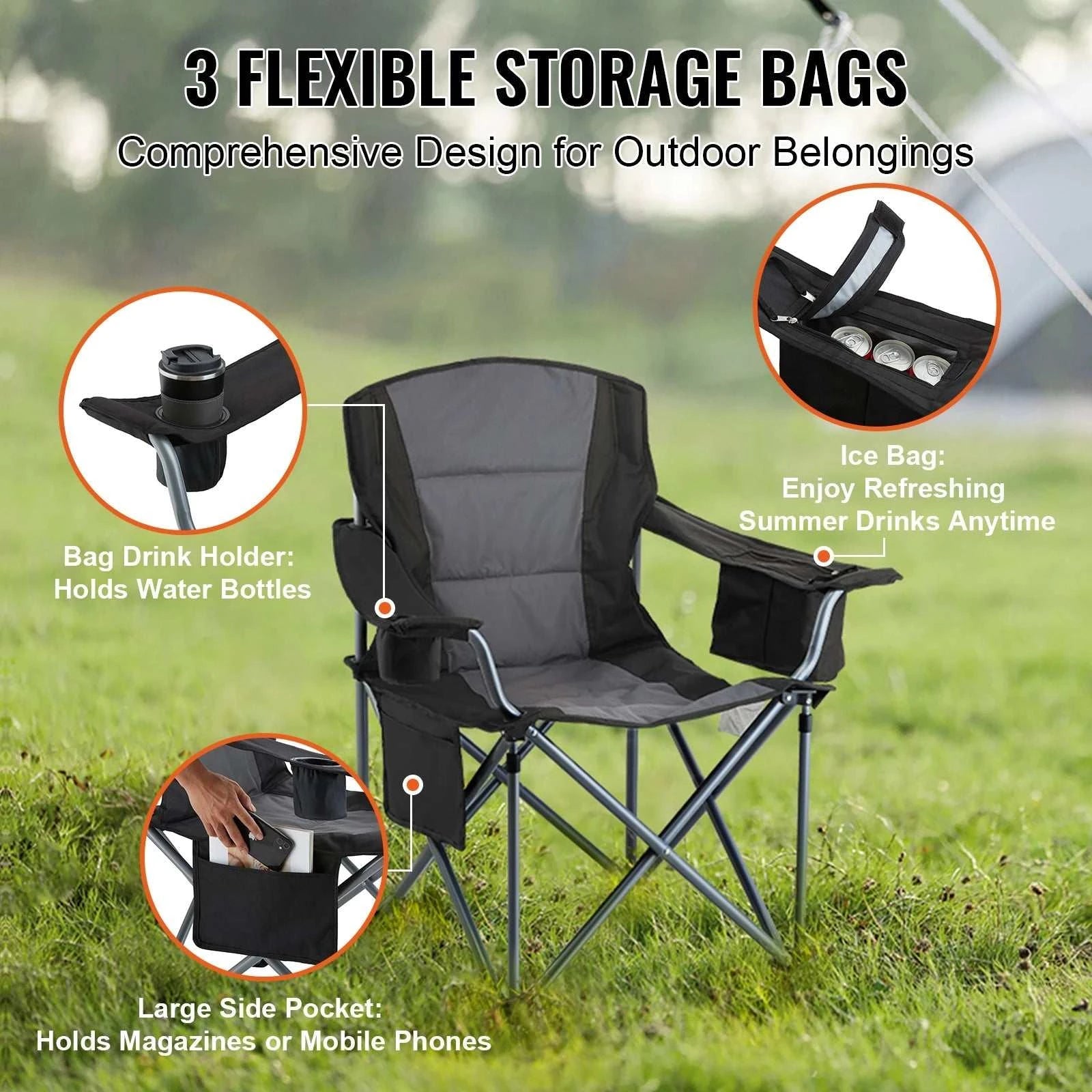 Camping folding chair with lumbar support, padded arms, durable 600D Oxford fabric, and built-in storage pockets.