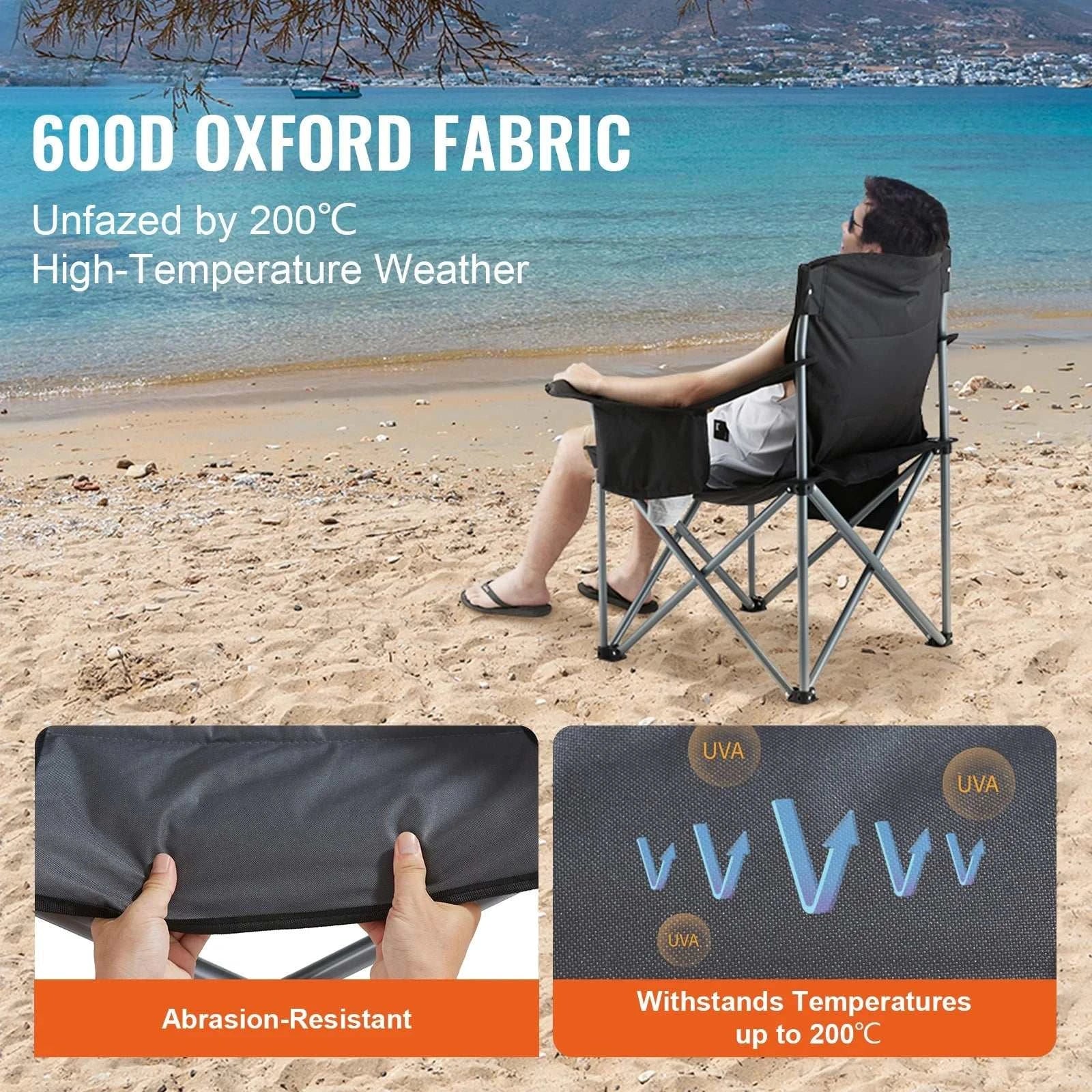 Camping folding chair with lumbar support, padded arms, 350 lb capacity, and quick-fold design