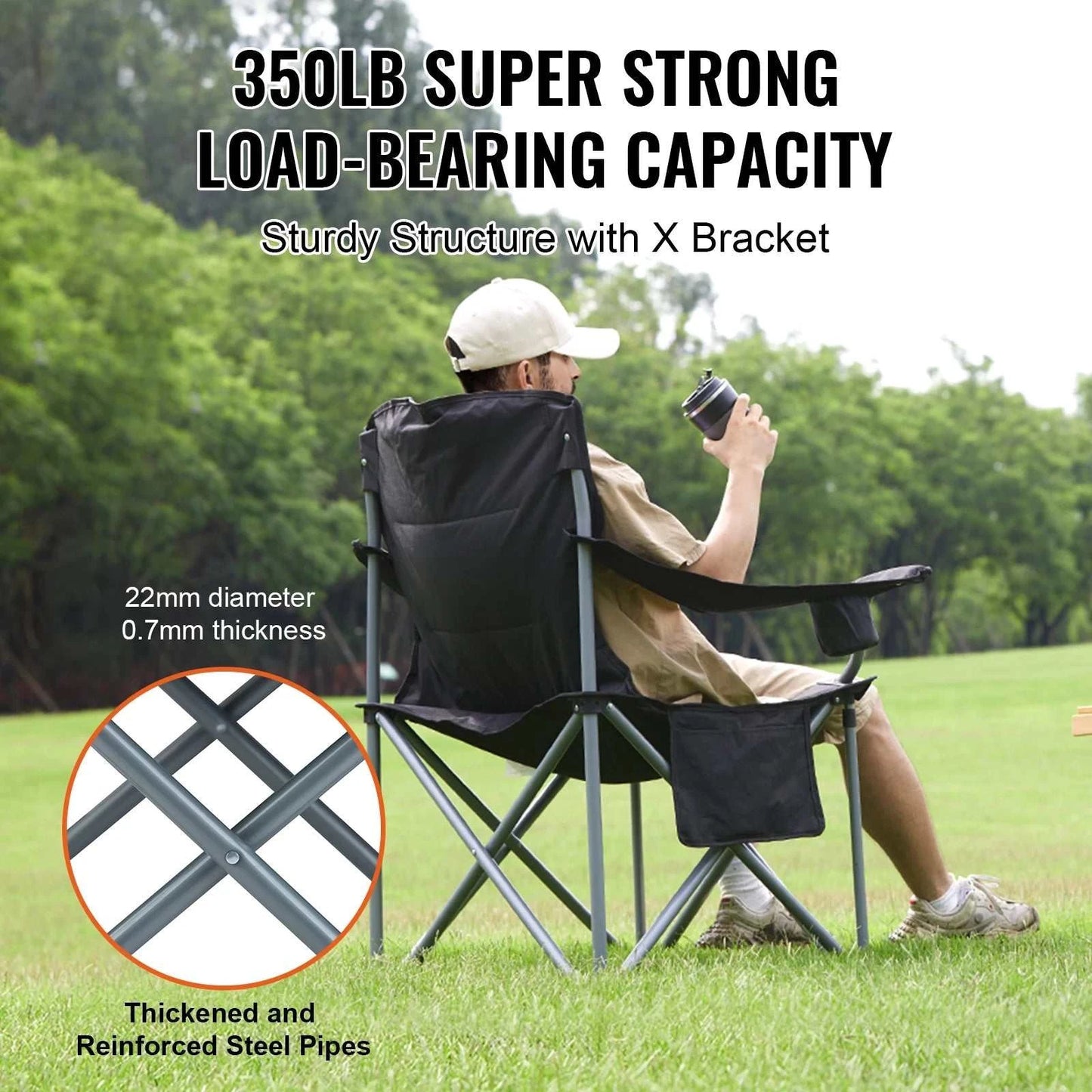 Camping folding chair with lumbar support, padded arms, storage pockets, and quick-fold design outdoors