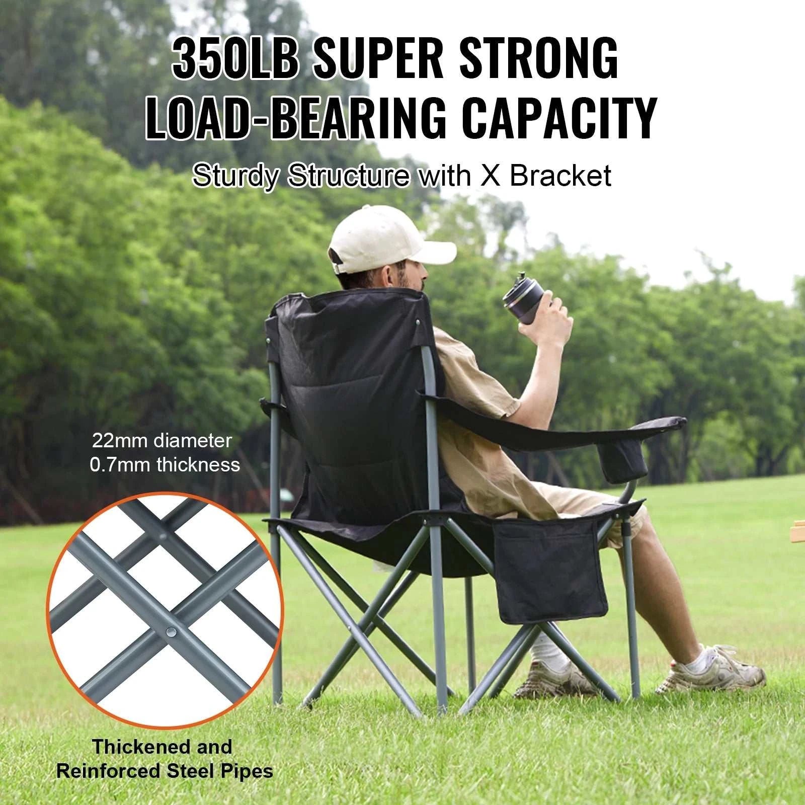 Camping folding chair with lumbar support, padded arms, storage pockets, and quick-fold design outdoors