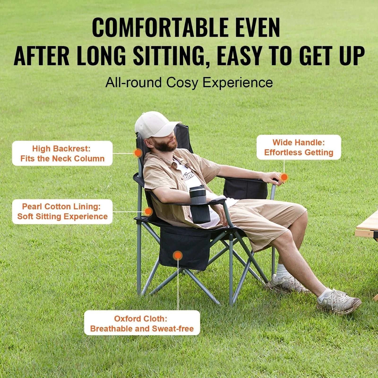 Camping folding chair with lumbar support, padded arms, and durable fabric for outdoor use