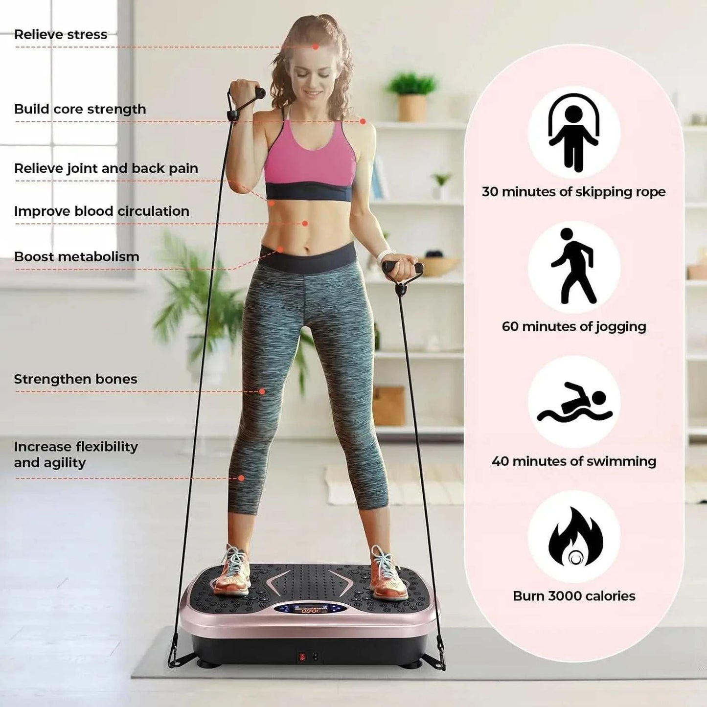 Compact vibration plate fitness board for full-body home workouts with resistance bands and LCD display