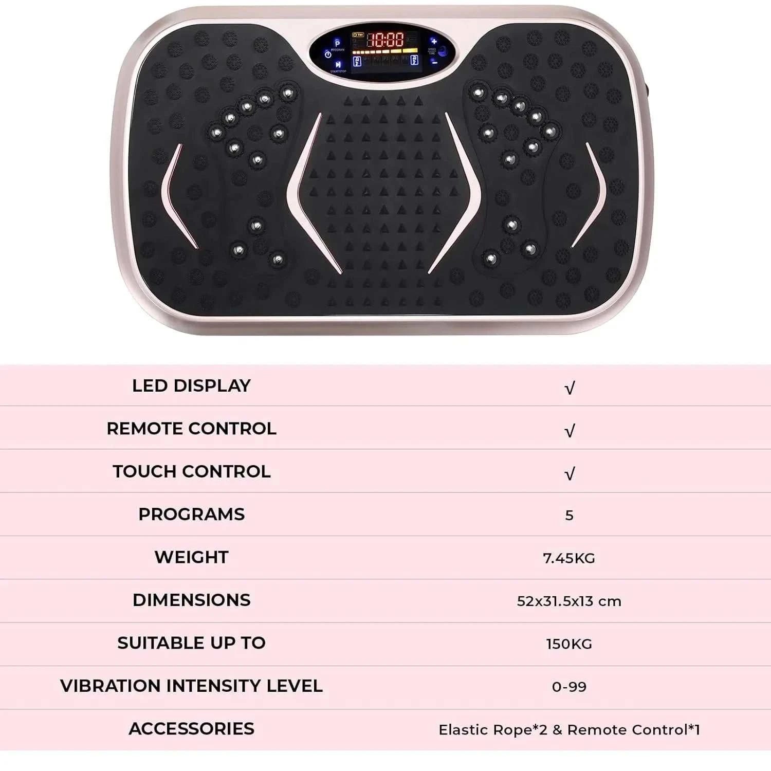 Compact vibration plate fitness board with LCD display, resistance bands, and non-slip base for full body home workouts
