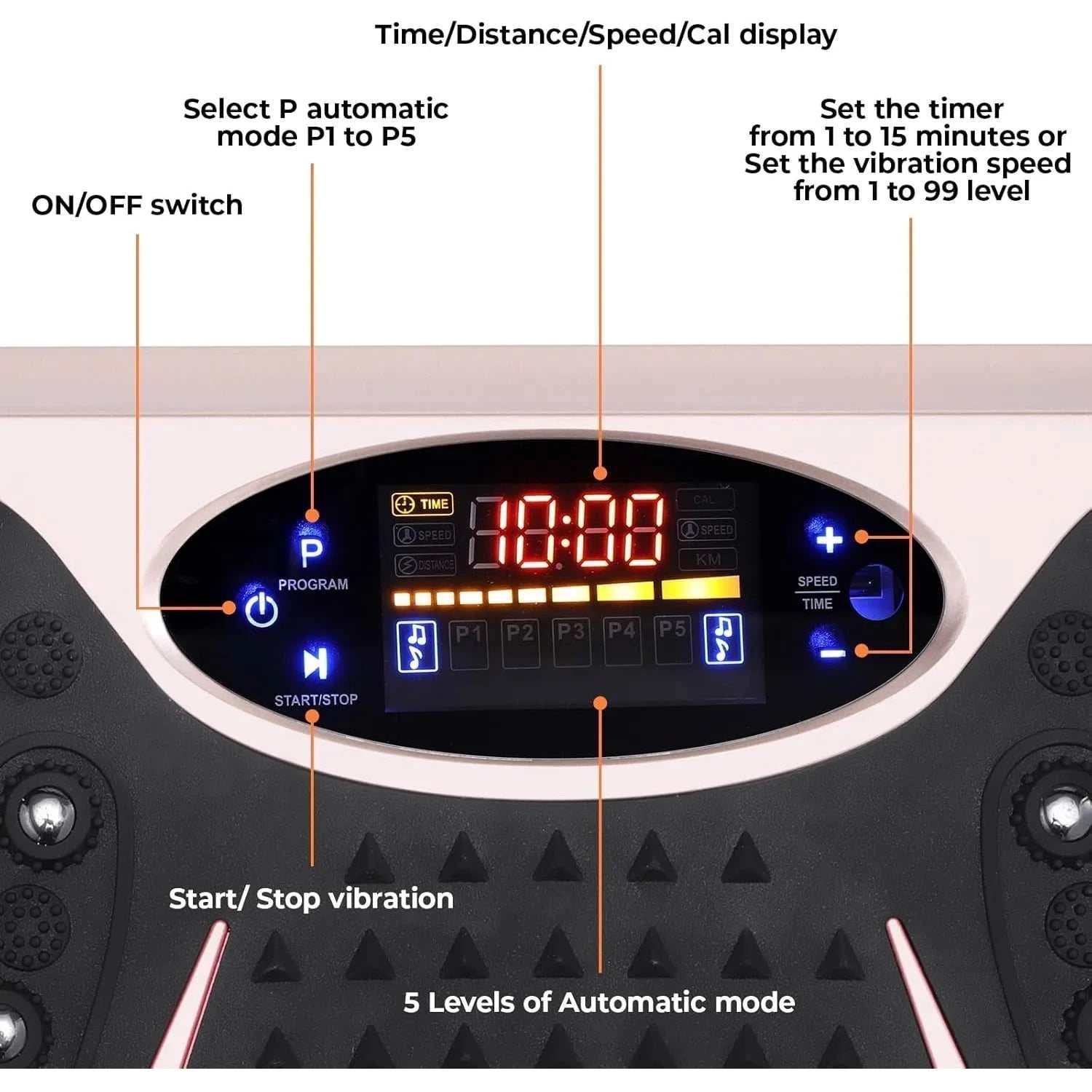 Compact vibration plate fitness board with LCD display and resistance bands for full-body home workout