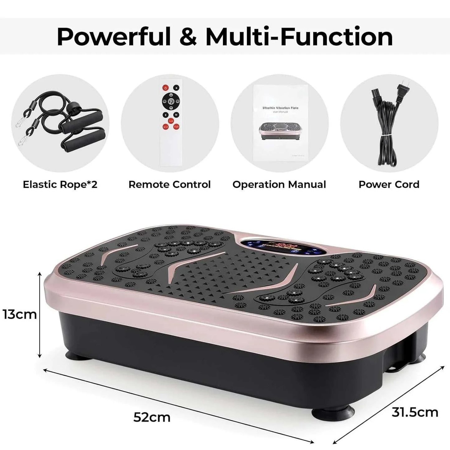 Compact vibration plate fitness board with LCD display and resistance bands for full-body home workout