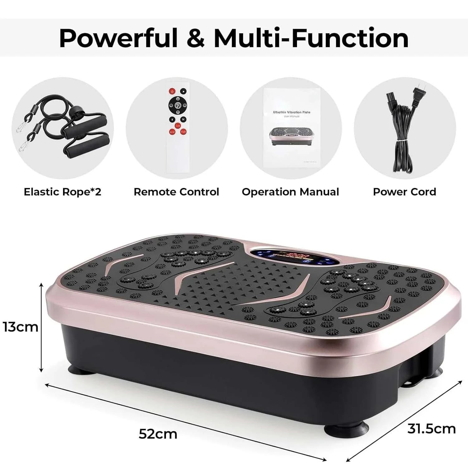 Compact vibration plate fitness board with LCD display and resistance bands for full-body home workout