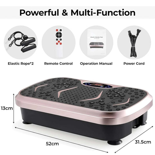 Compact vibration plate fitness board with LCD display and resistance bands for full-body home workout