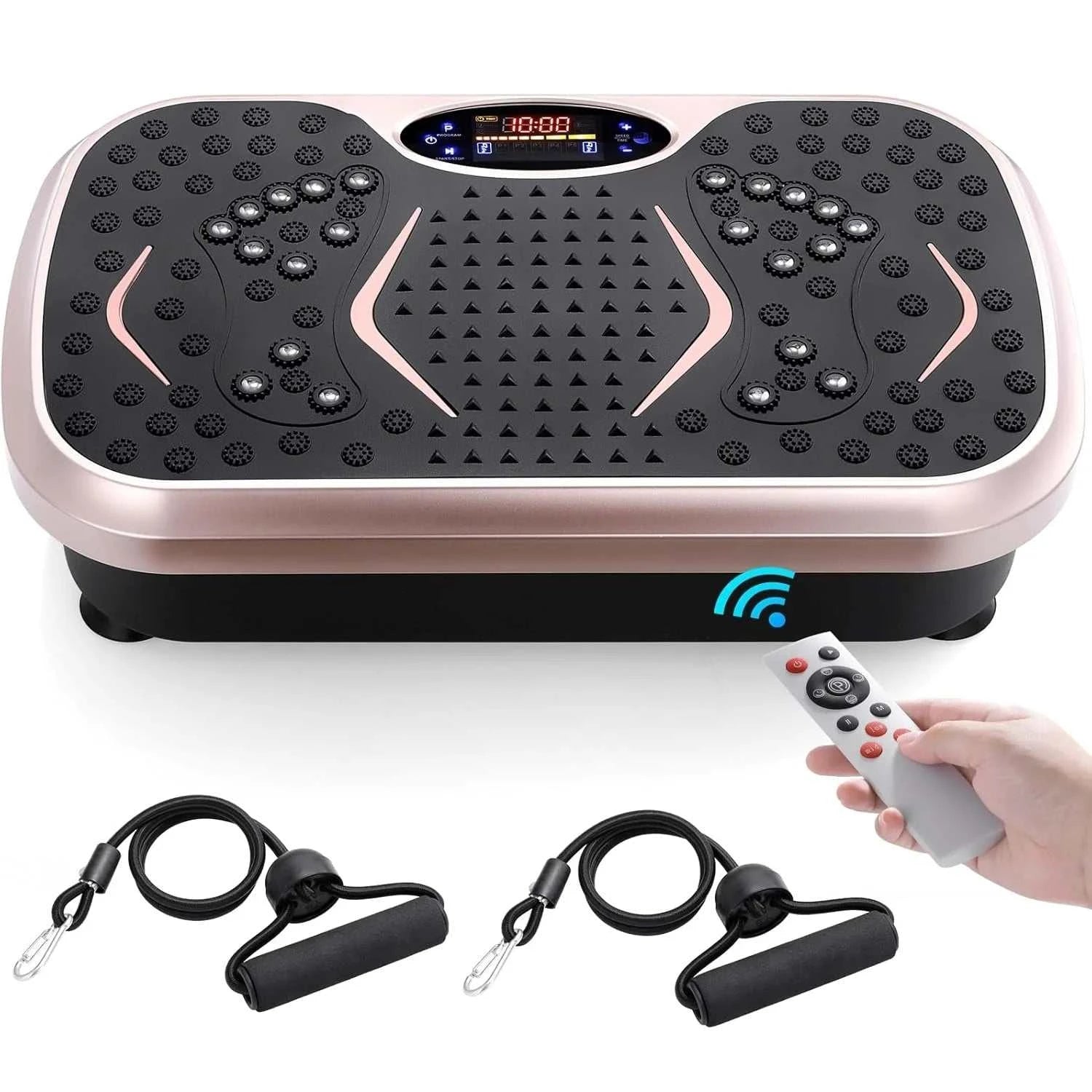 Compact vibration plate fitness board for full-body home workouts with LCD display and resistance bands