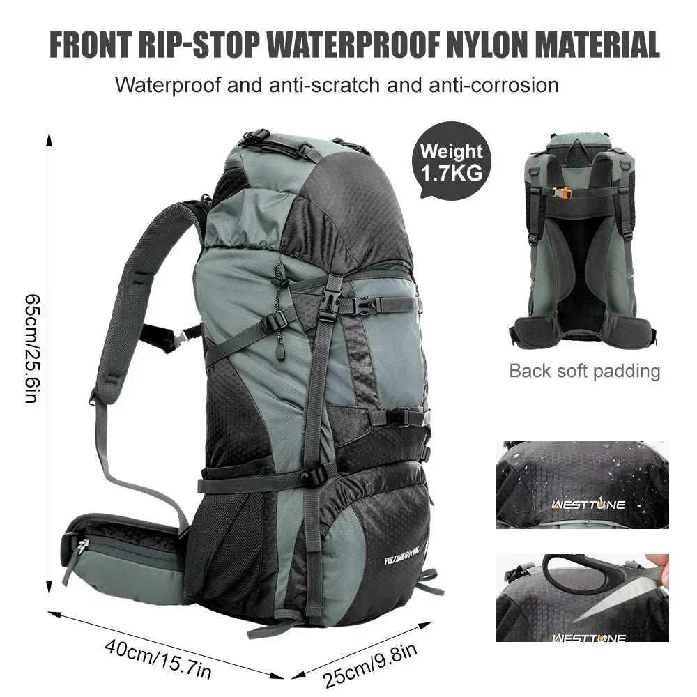60L internal frame hiking backpack with rain cover for camping and travel