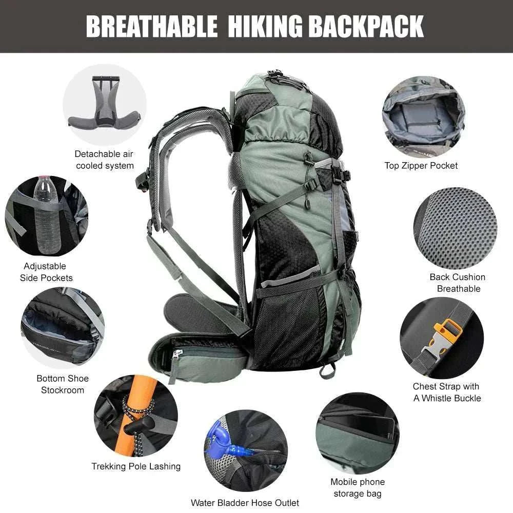 60L internal frame hiking backpack with rain cover on trail