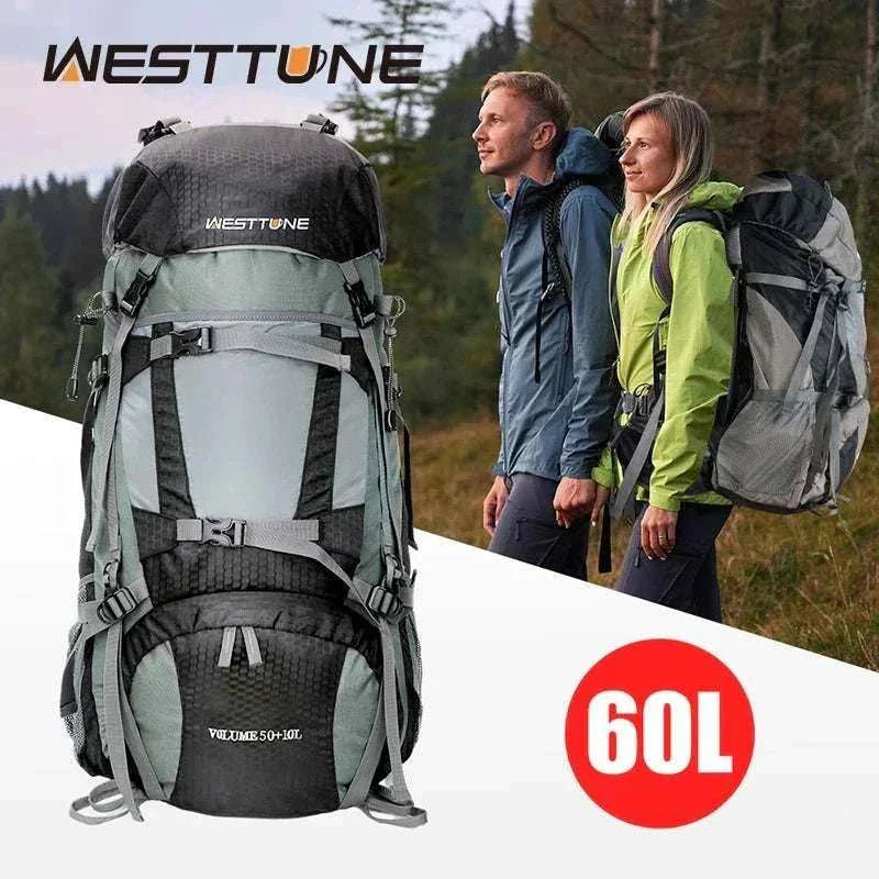 60L internal frame hiking backpack with rain cover on trail in outdoor setting