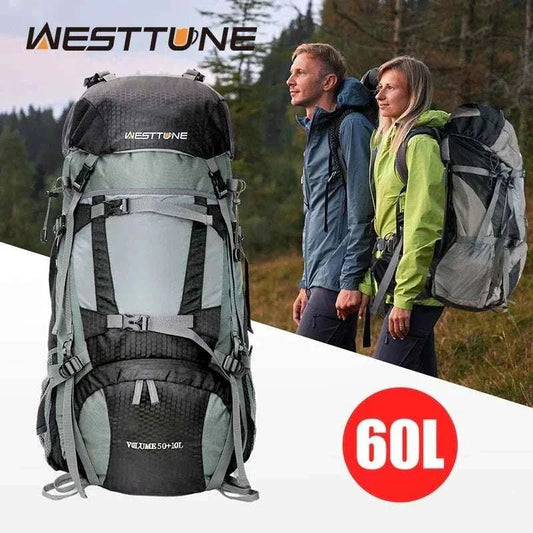 60L internal frame hiking backpack with rain cover on trail in outdoor setting