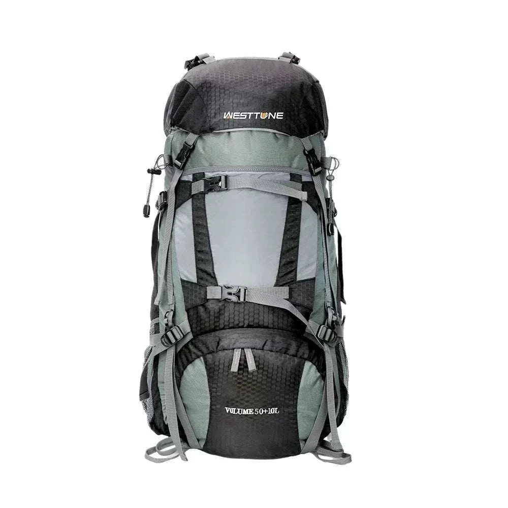 60L internal frame backpack with rain cover for camping and hiking