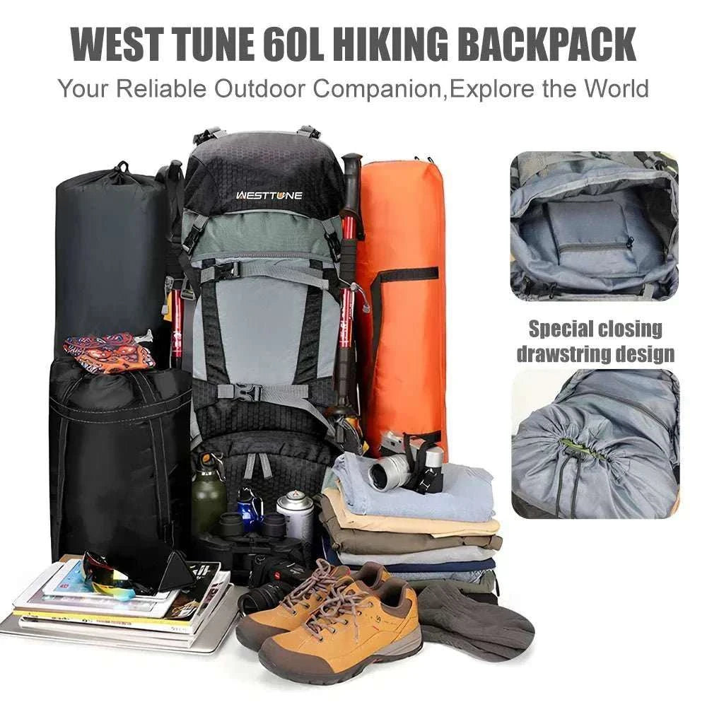60L internal frame hiking backpack with rain cover designed for camping and backpacking trips