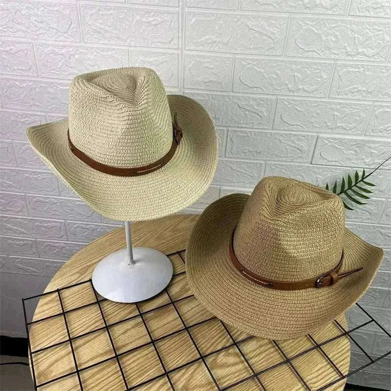 Wide brim straw cowboy hat providing sun protection and breathable comfort for unisex summer wear