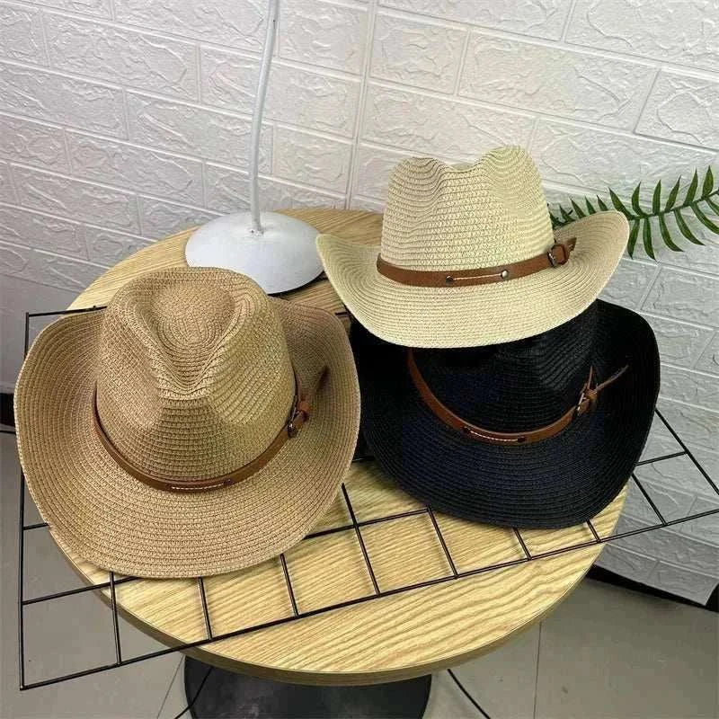 Wide brim straw cowboy hat providing sun protection for unisex summer wear in multiple colors