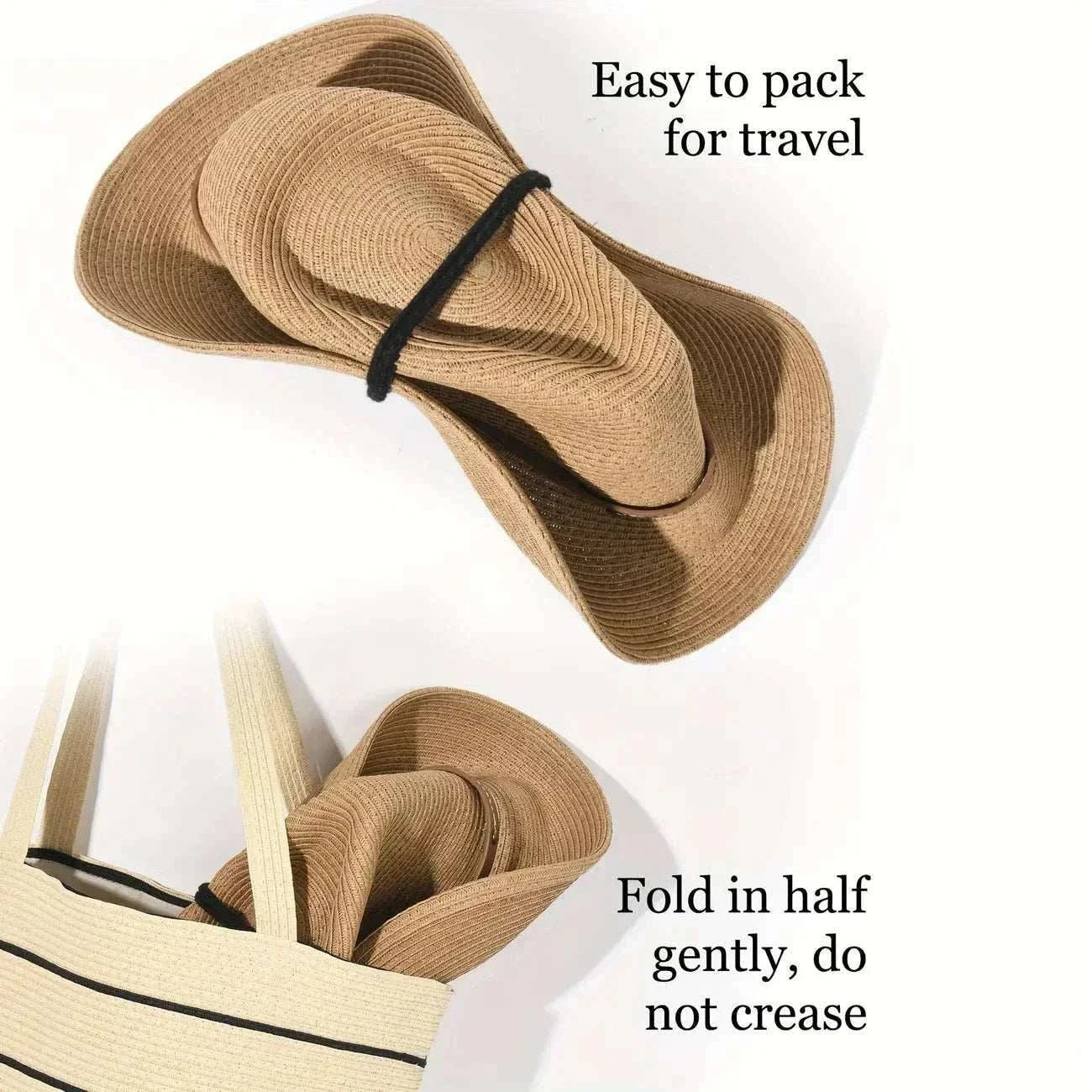 Wide brim straw cowboy hat with foldable design for unisex sun protection and breathable comfort
