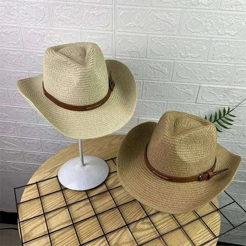 Wide Brim Straw Cowboy Hat with foldable design and sun protection for men and women