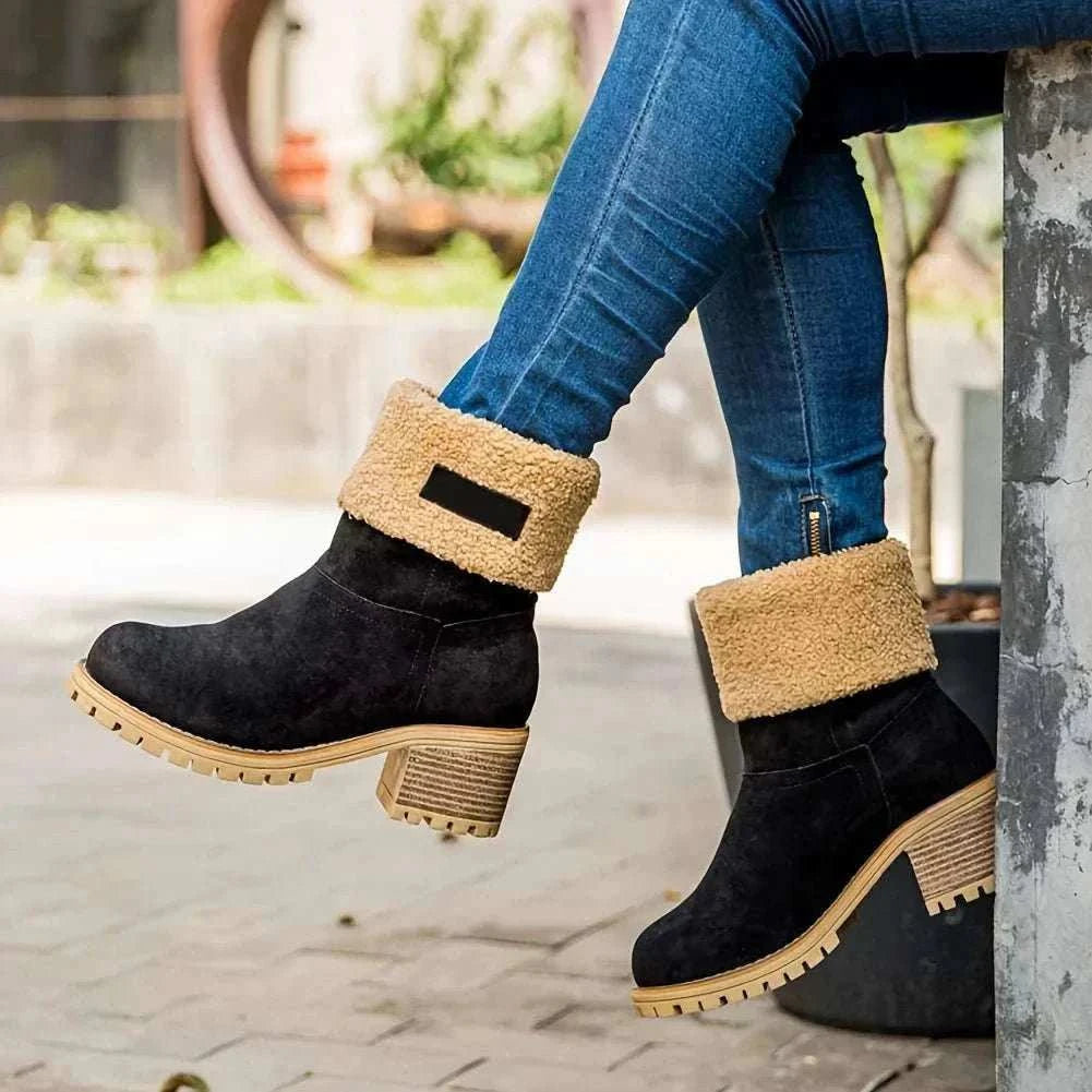Women's winter faux fur snow boots with platform block heels and rubber outsole for traction