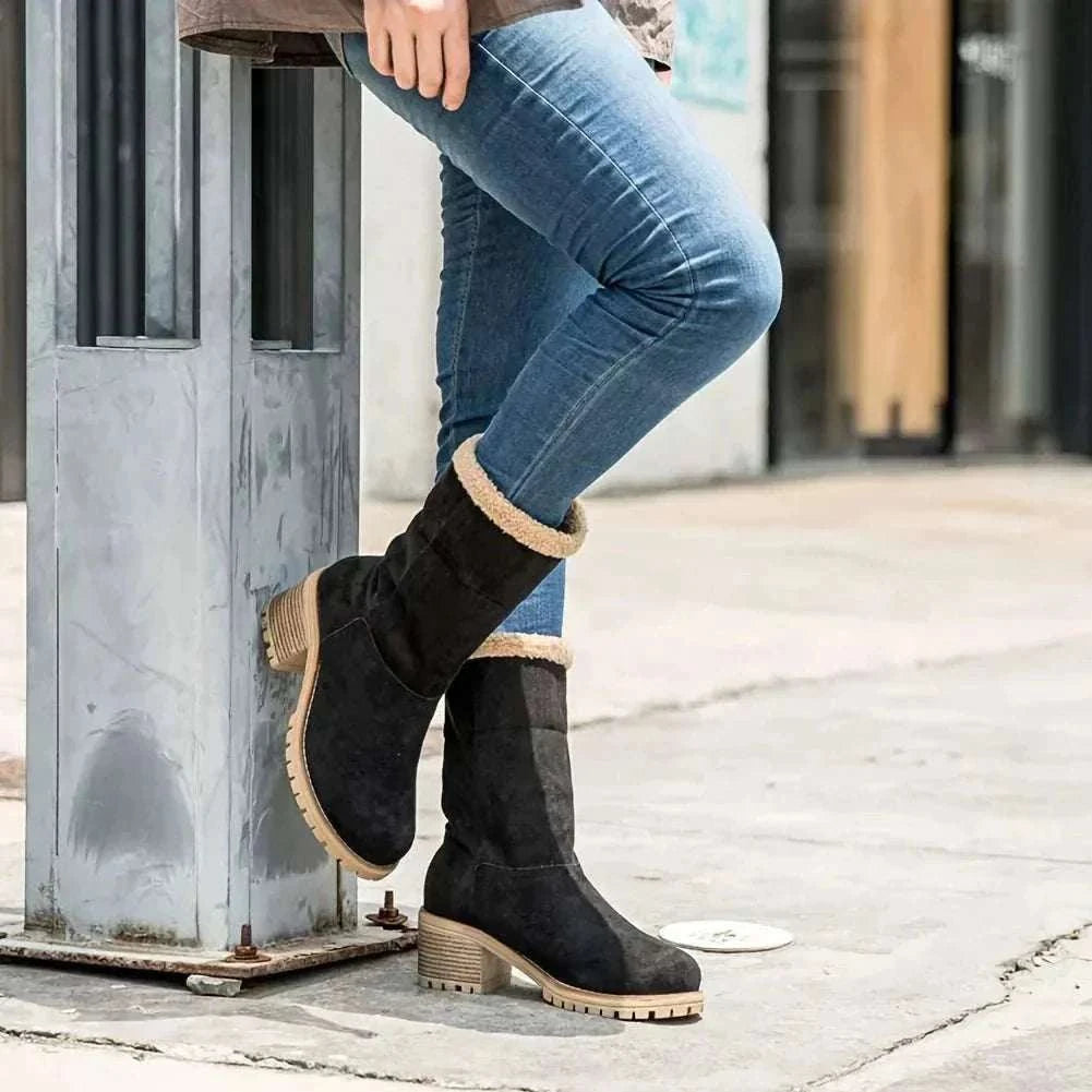 Women’s winter faux fur snow boots with platform block heels and plush lining for warmth and comfort