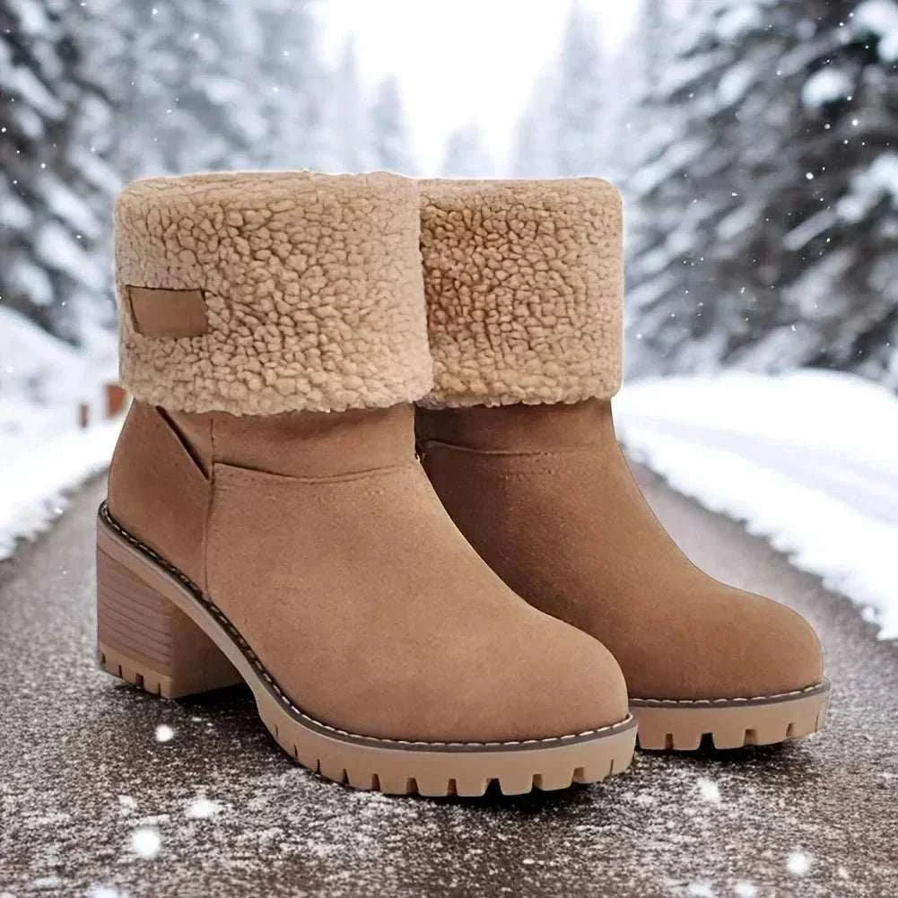 Women's winter faux fur snow boots with platform heels and pull-on design for warmth and traction