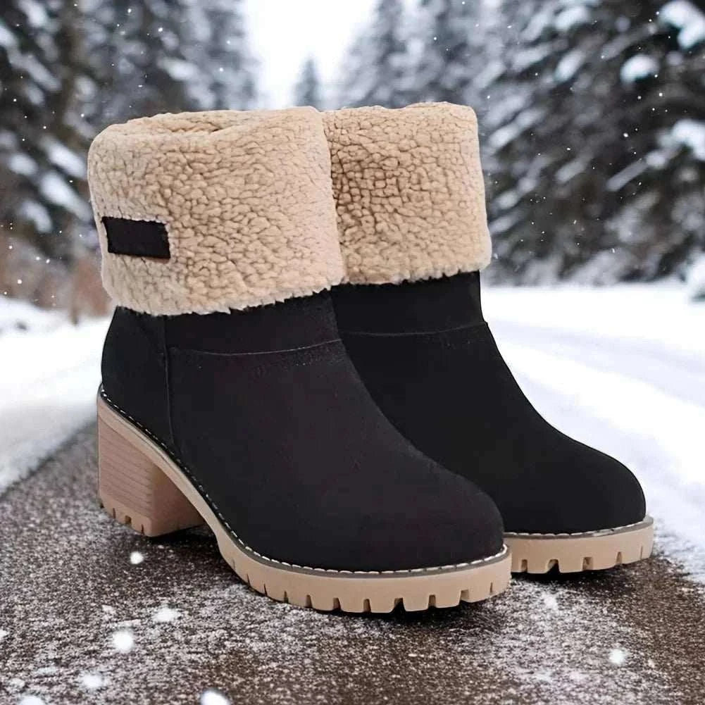 Women’s winter faux fur snow boots with platform heels and pull-on design