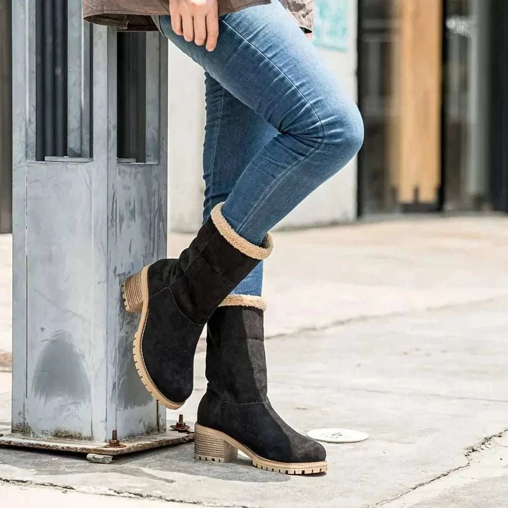 Women's Winter Faux Fur Snow Boots with platform heels and pull-on design