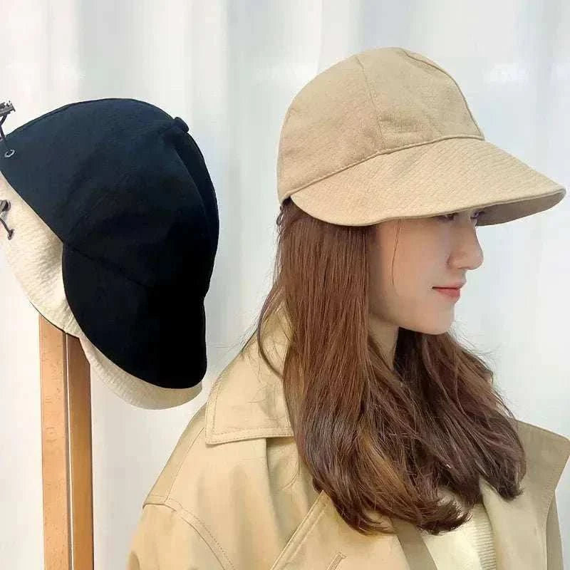 Women foldable sun hat in breathable cotton knit for UV protection, foldable and packable, available in black, beige, and khaki.
