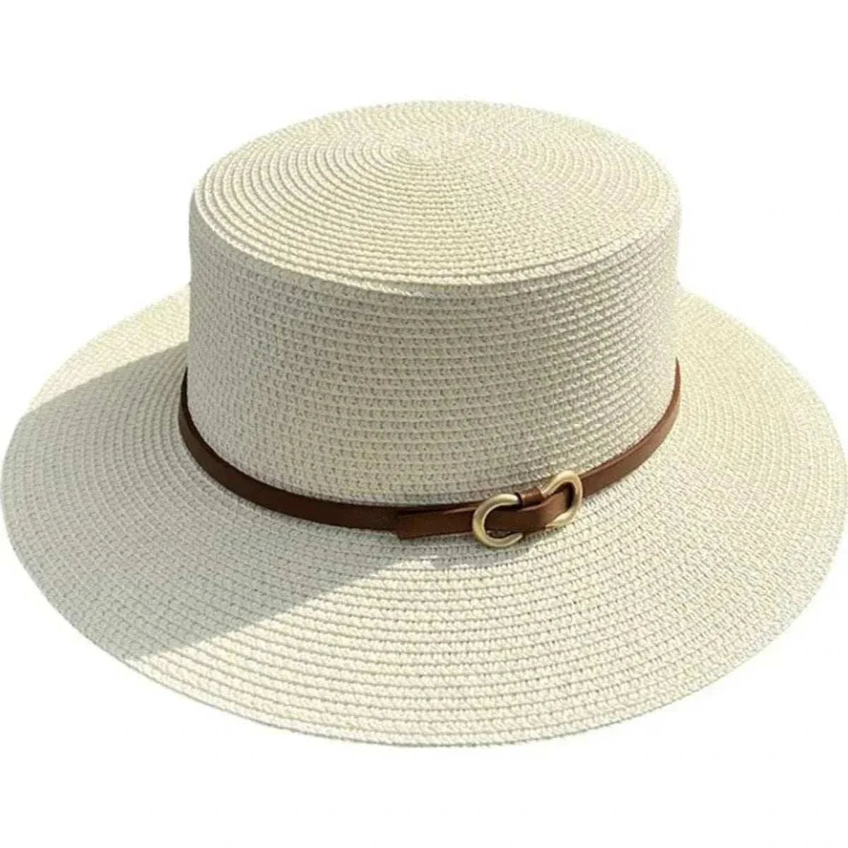 Women wearing a straw Panama sun hat with a bowknot and flat brim at the beach