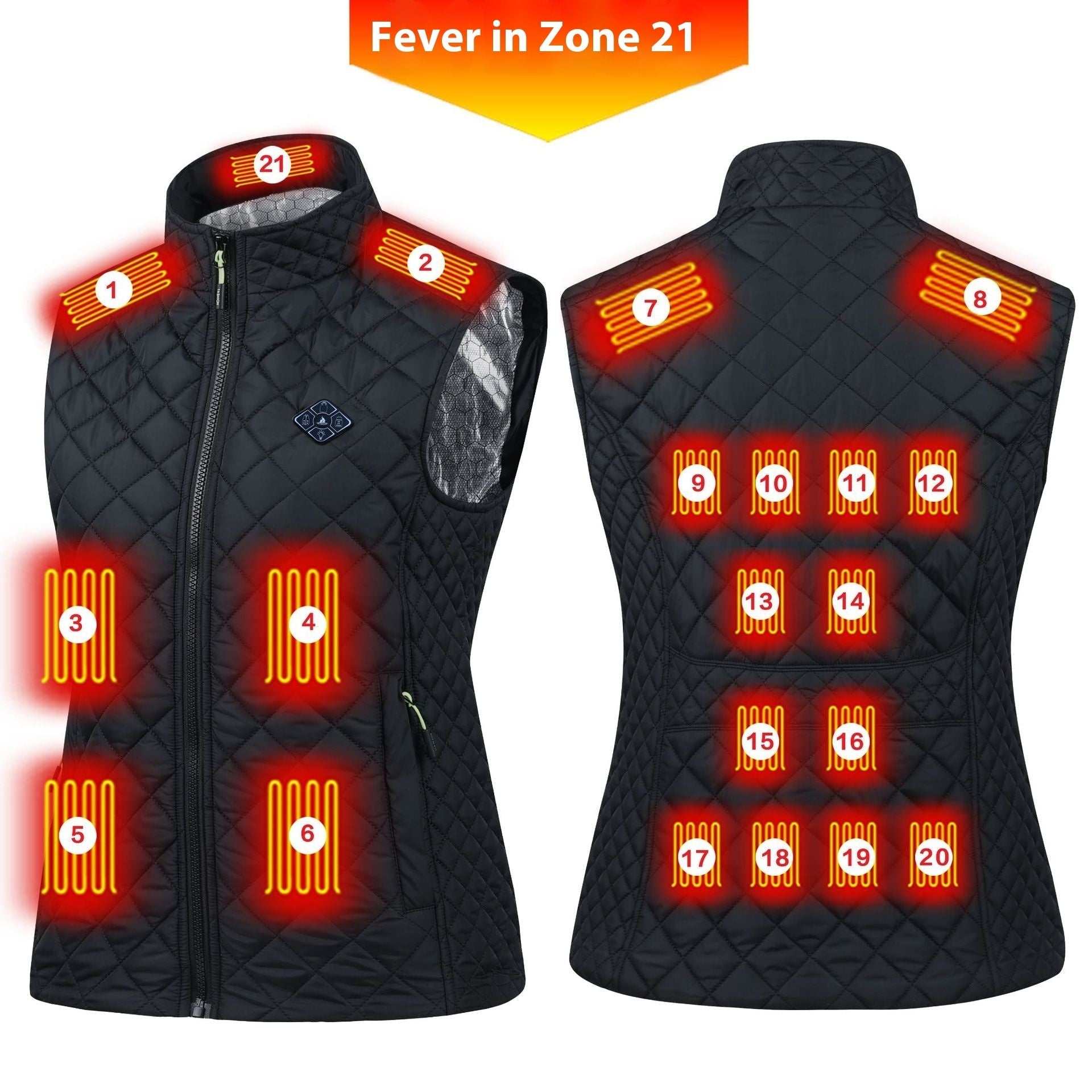 Women's heated vest with smart charging and multi-zone heating in black slim-fit design