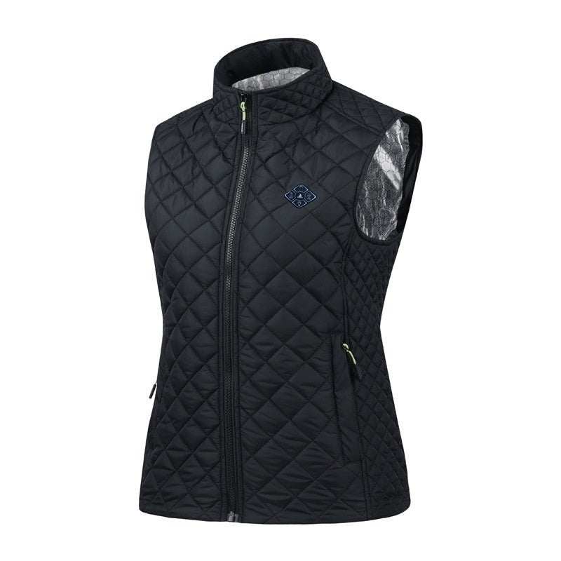 Woman wearing slim-fit black Women's Heated Vest with smart charging for multi-zone warmth