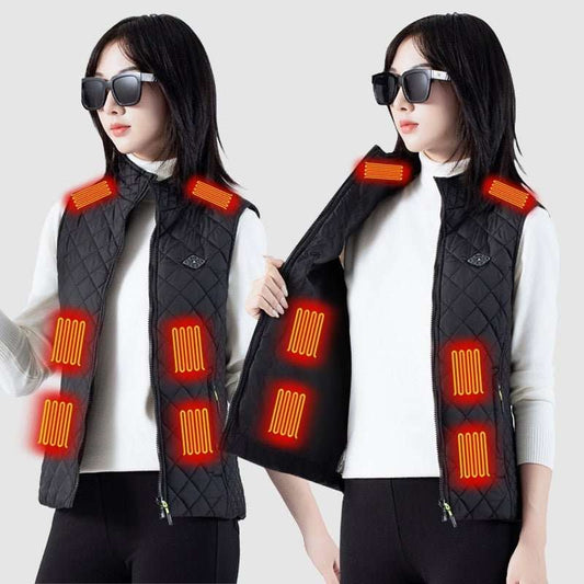 Women's heated vest with smart charging and multi-zone heating in black nylon with silk-cotton filling