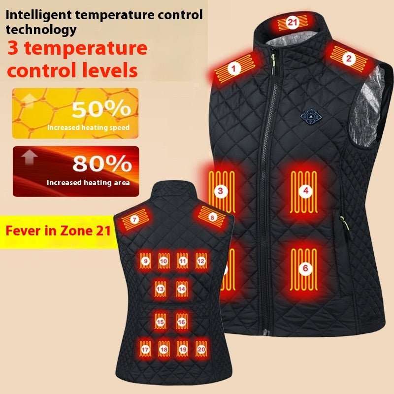 Women's heated vest with smart charging, slim-fit cardigan style in black, multi-zone heating for targeted warmth