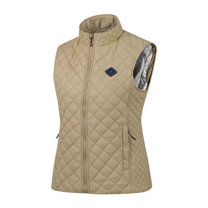 Woman wearing slim-fit black Women's Heated Vest with smart charging for multi-zone heating