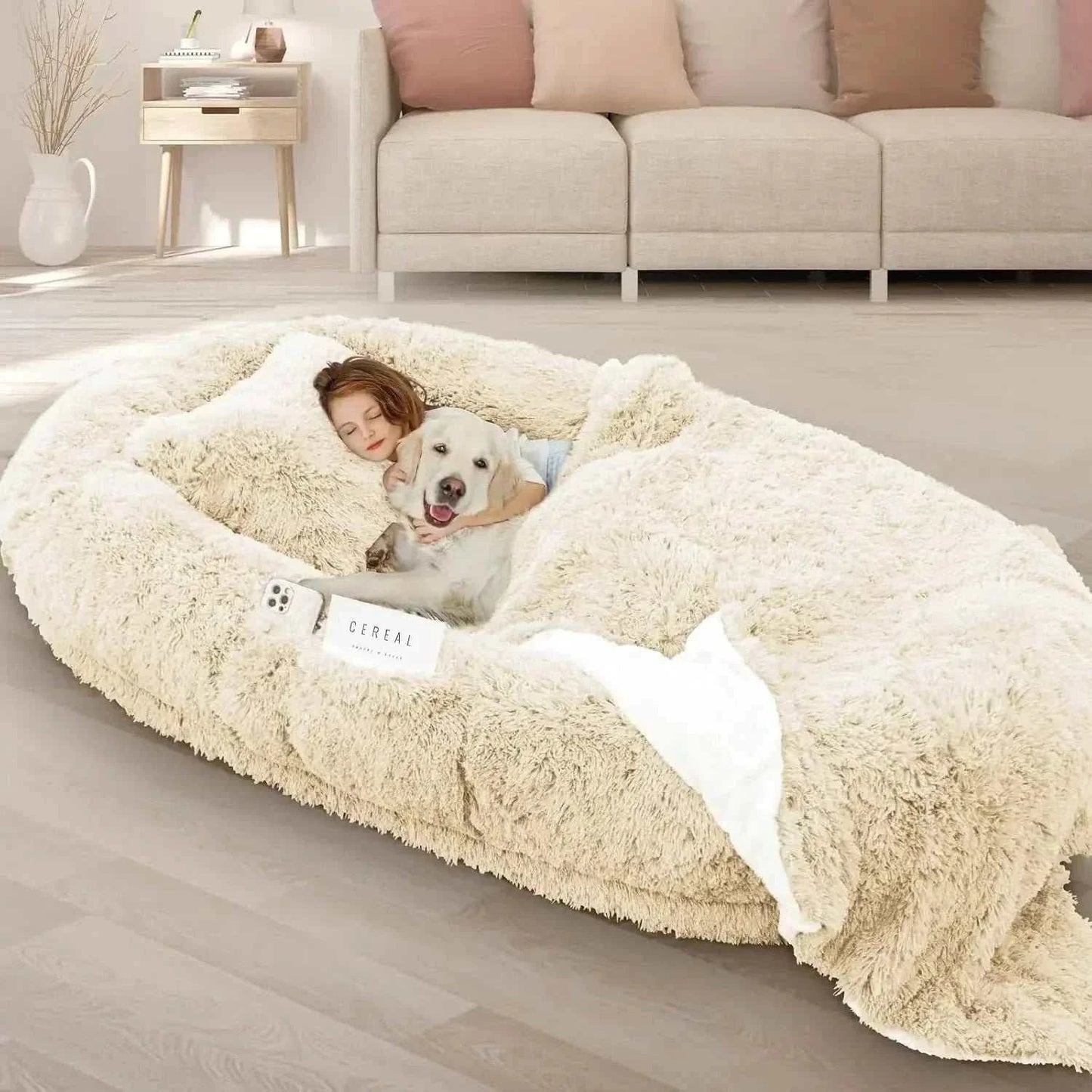 Giant oversized memory foam human and dog bed with washable waterproof cover and supportive raised edges