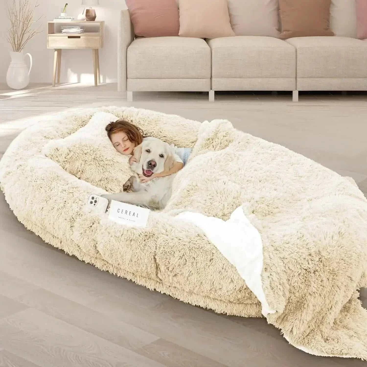 Giant oversized memory foam human and dog bed with washable waterproof cover and supportive raised edges
