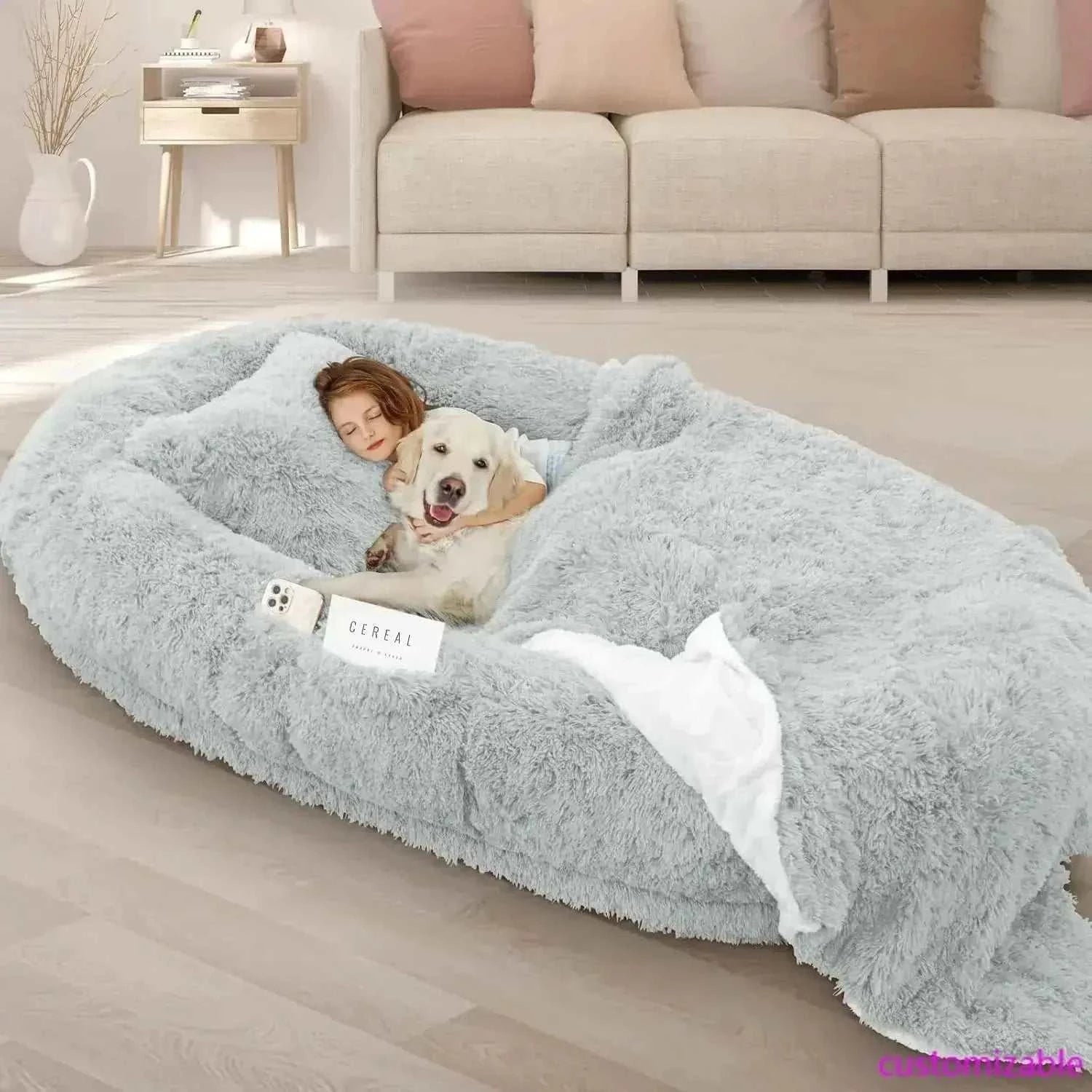 Giant oversized memory foam human and dog bed with washable, waterproof cover and raised edges