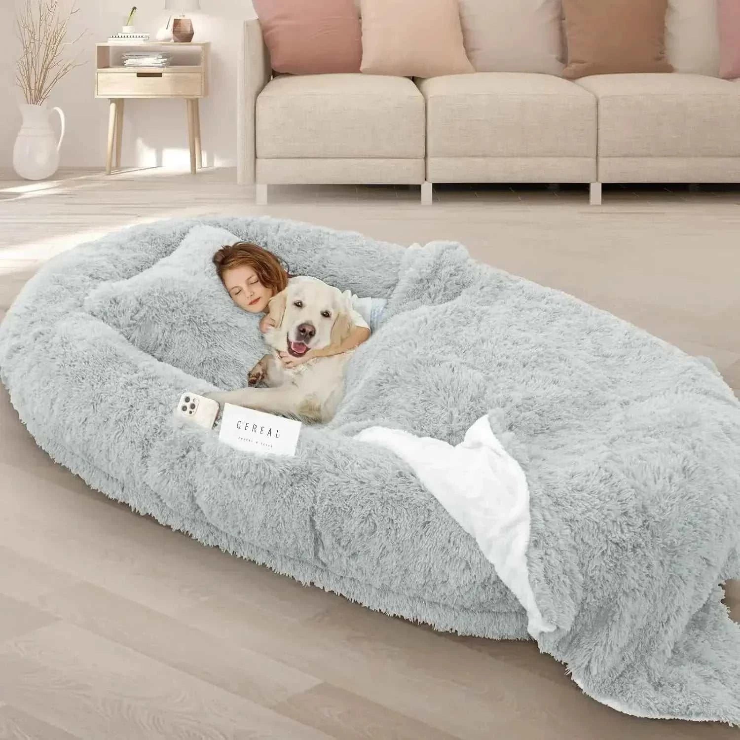 Giant oversized memory foam human and dog bed with waterproof cover and raised edge wrap